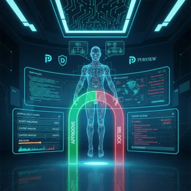 Futuristic holographic human in a neon biometric security chamber with approve and block gates.