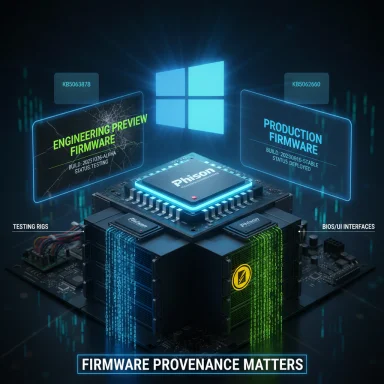 A futuristic server motherboard displays firmware provenance with engineering vs. production firmware panels.