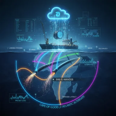 Neon underwater fiber-optic cables link Bab El-Mandeb to Atlantic routes beneath the ocean.