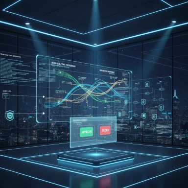 Futuristic control room with holographic dashboards and neon blue data streams, featuring approve and block buttons.