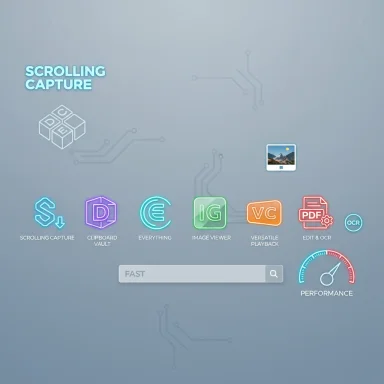 Neon-outline app icons float over a blue circuit-themed background with a fast search bar.