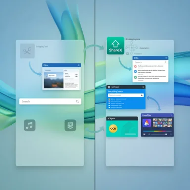Split-screen Windows UI with Ditto on the left, ShareX transferring to the right showing OCR, PDFgear, and ImageGlass.