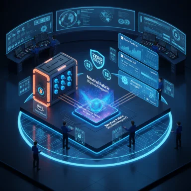 A futuristic security ops center with holographic dashboards around a Zero-Trust data platform.