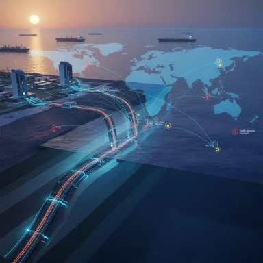 Digital map showing an underwater pipeline network linking offshore facilities worldwide.