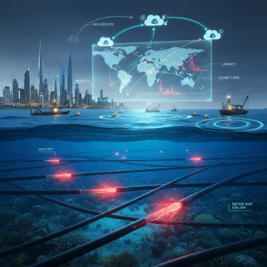 Undersea fiber cables glow as a holographic map tracks global data routes and repair ships.