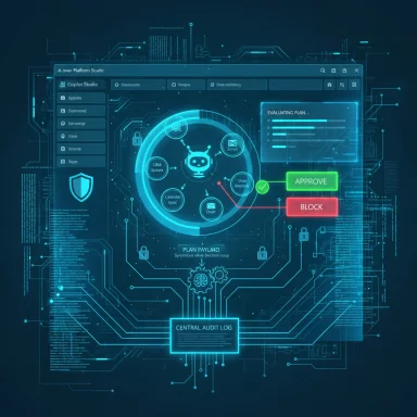 A futuristic blue holographic dashboard with a central AI circle and approve/block controls.