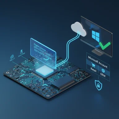 Futuristic motherboard connects to cloud and Windows interface for digital licensing and security.