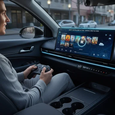 Person in a car uses a handheld controller to game on the dashboard touchscreen.