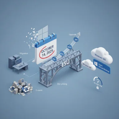 3D infographic shows ESU pricing and upgrade paths to cloud desktops (Oct 14, 2025).