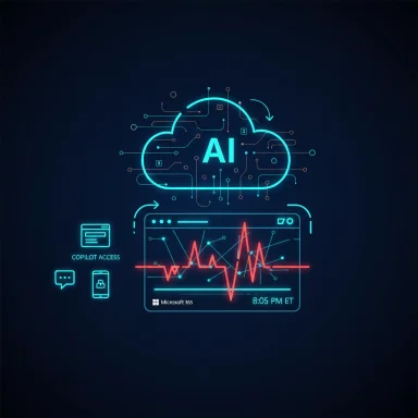 Neon AI cloud graphic with circuit network and a red heartbeat chart.