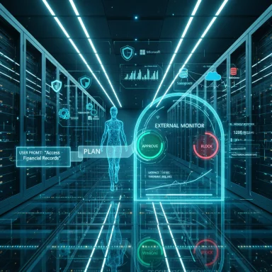 Futuristic data center with neon blue holographic UI and a translucent human figure.