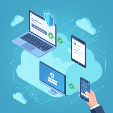 Cloud security concept: interconnected laptop, tablet, monitor, and phone with a shield.
