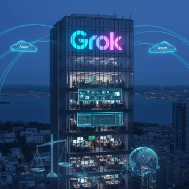 A glass skyscraper glowing with 'Grok' branding, surrounded by Azure cloud icons and data dashboards.