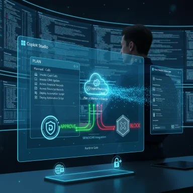 Futuristic holographic interface showing a cloud-based automation workflow with approve and block actions.