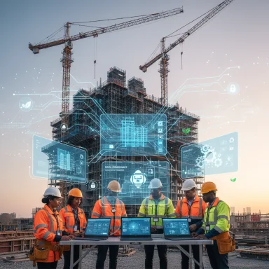 Construction workers use laptops and holographic displays to monitor a building project.