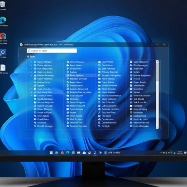 Windows 11 desktop with a translucent God Mode window listing all tasks.