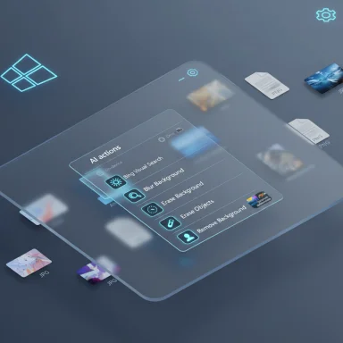 A futuristic glass smartphone displays a holographic 'All actions' menu with blur/erase/remove background options.