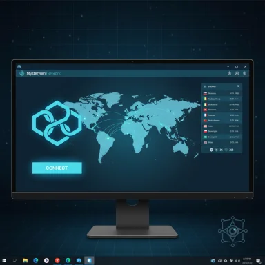 A futuristic monitor displays a glowing world-map network with a prominent CONNECT button.