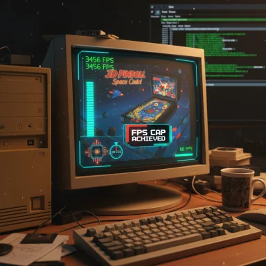 A retro computer workspace with a CRT monitor showing 3D Pinball Space Cadet and a side monitor displaying code.