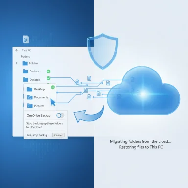 Windows PC restoring cloud-backed folders to this PC, with a cloud icon and shield.