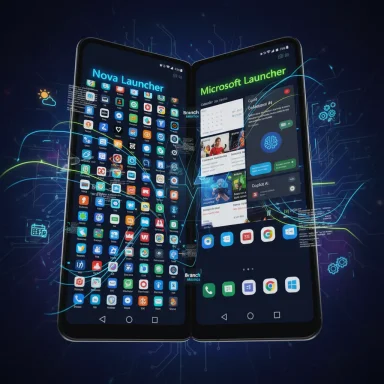Foldable smartphones display Nova Launcher and Microsoft Launcher with app icons.