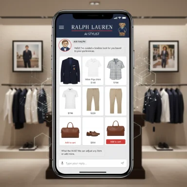 Ralph Lauren AI Stylist app on a phone shows a grid of outfits in a boutique.