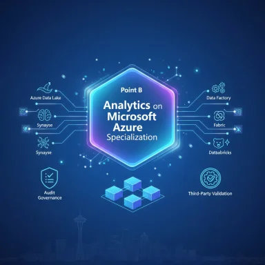 A blue tech infographic highlighting Analytics on Microsoft Azure Specialization with Azure service icons.