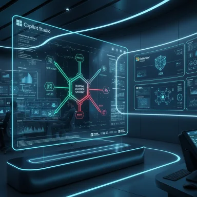 Futuristic command room with neon holographic dashboards and a central data gateway.