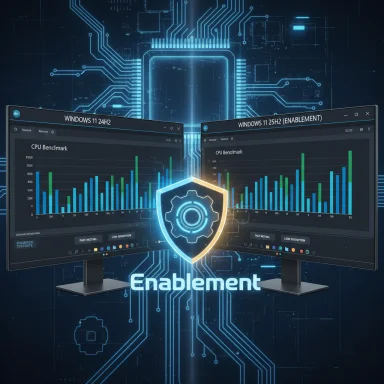 Two Windows 11 monitors show CPU benchmarks with a glowing shield amid a neon circuit backdrop.