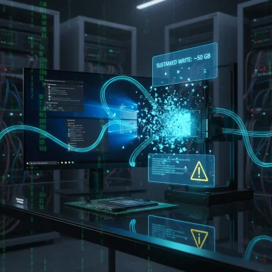 Futuristic data center with holographic readouts showing a ~50 GB sustained write.