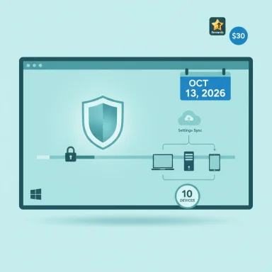 Illustration of a secure network dashboard with 10 devices syncing across PCs and mobile.