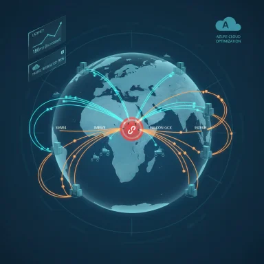Global Azure cloud network showing a central hub routing data between regional data centers.