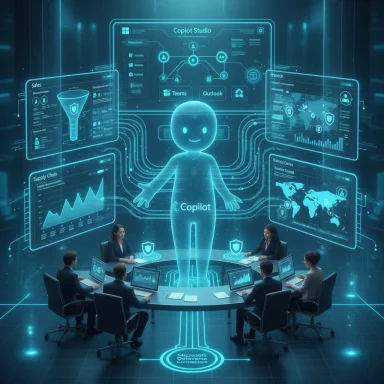 A holographic Copilot guides a team at a high-tech command center.