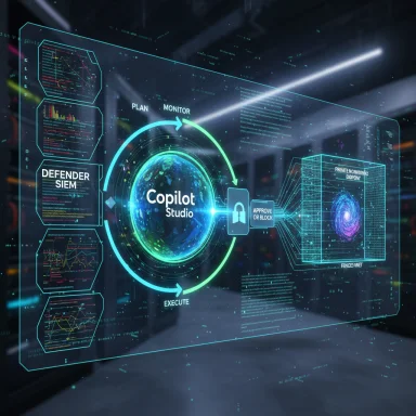 Futuristic holographic UI for Copilot Studio, featuring a circular workflow and security modules.
