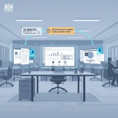 Open-plan office with several screens displaying dashboards and a chart about AI pilots in the public sector.