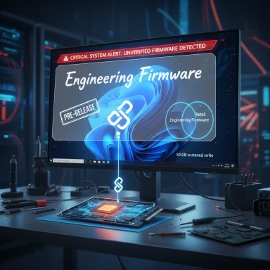 Futuristic lab where a monitor reads “Engineering Firmware” as a glowing chip is tested.