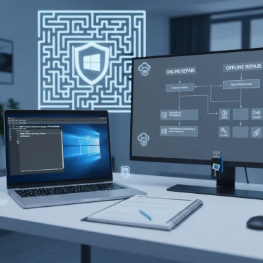 Tech workspace with a laptop and monitor showing a repair flowchart and a glowing maze-shield backdrop.