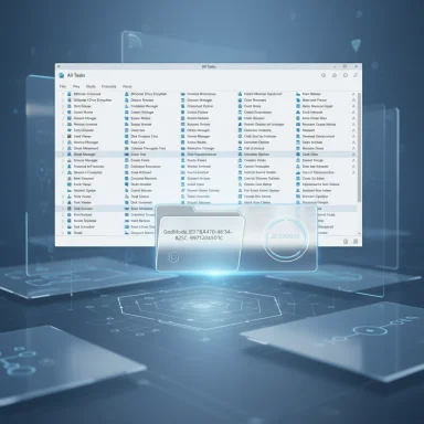 A futuristic holographic desktop UI with a translucent task window and a floating holo-card.