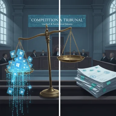 A courtroom scene with scales of justice balancing floating digital houses on the left and stacks of papers on the right.