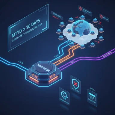 A futuristic cybersecurity diagram featuring a fortress hub linking data streams to a cloud network.