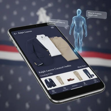 A smartphone screen shows Ralph Lauren outfits with a holographic fashion assistant.