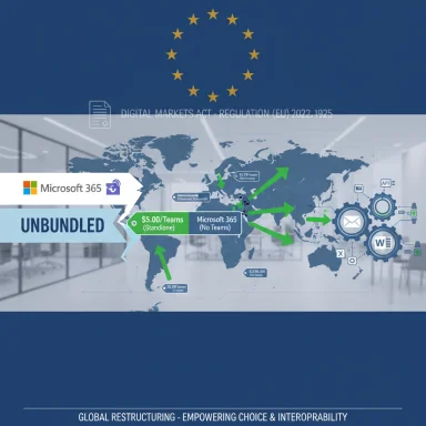 EU flag ring above a world map showing Microsoft 365 unbundling and pricing.