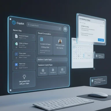 A futuristic holographic computer screen shows a Copilot UI with recent files and conversations.