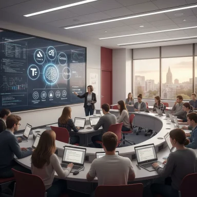 A modern round-table conference room with a presenter and laptop-wielding participants around a curved desk.