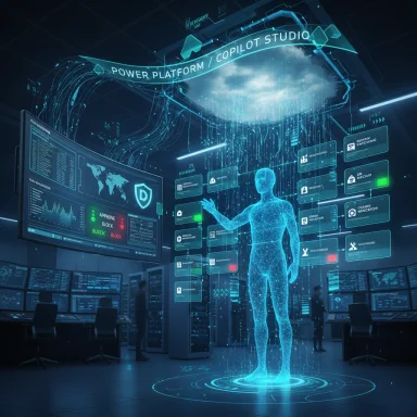 A holographic human figure stands in a futuristic control room filled with floating data screens.