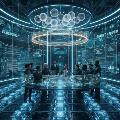 Futuristic round-table briefing with holographic screens and AI governance data.