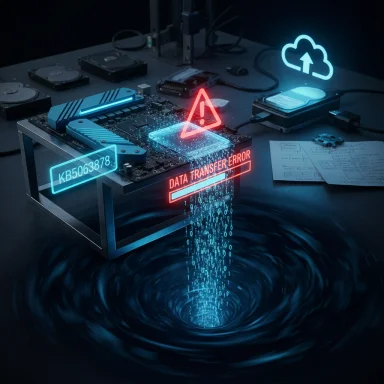 Futuristic computer board shows a data transfer error and a glowing data vortex.