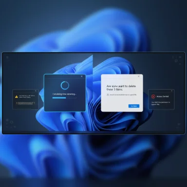 A Windows-like desktop with several floating warning and progress dialogs over a blue abstract wallpaper.