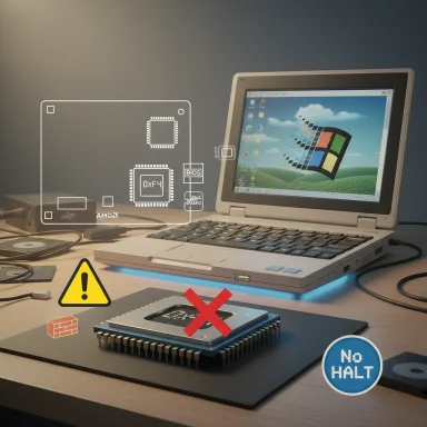 A vintage laptop on a desk with hardware schematics and warning icons, including a No HALT badge.