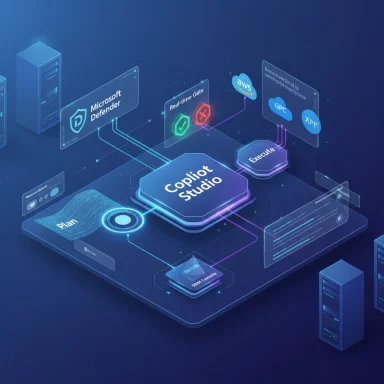Futuristic AI cockpit centered on Copilot Studio coordinating plan and execution.